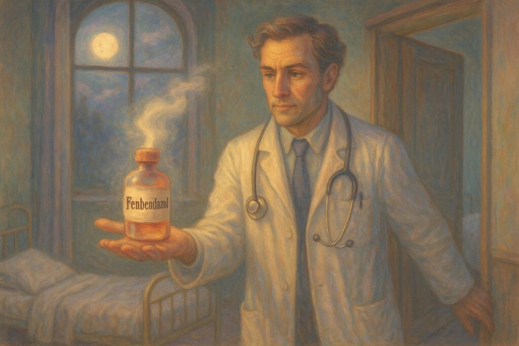 Fenbendazol jako eliksir wnoszony do szpitalnej sali przez lekarza