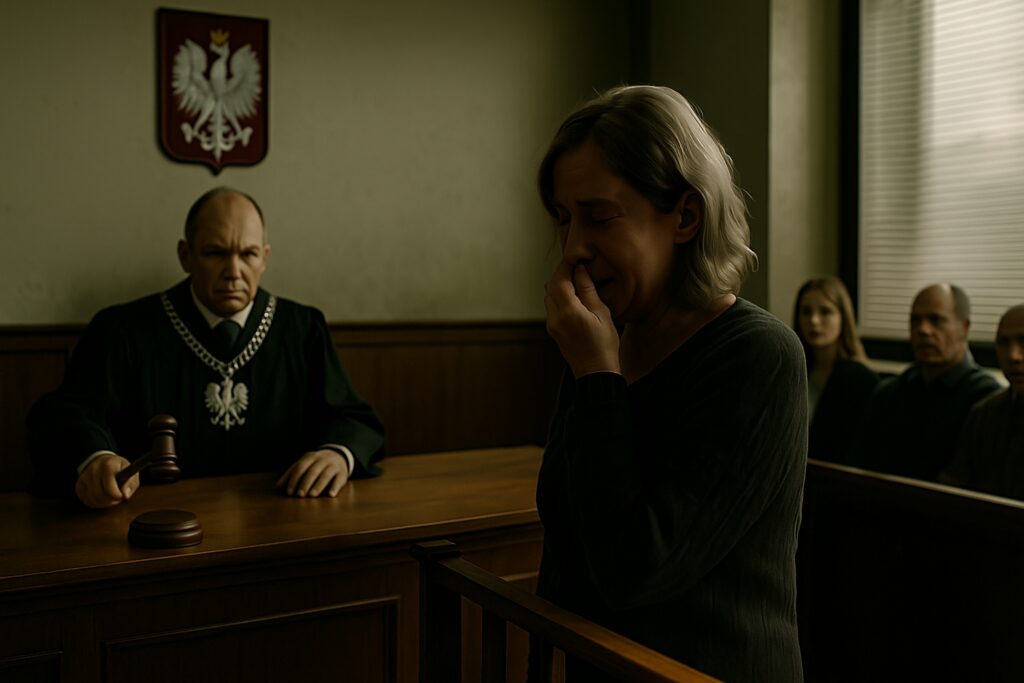 Sędzia ogłasza wyrok - kobieta płacze